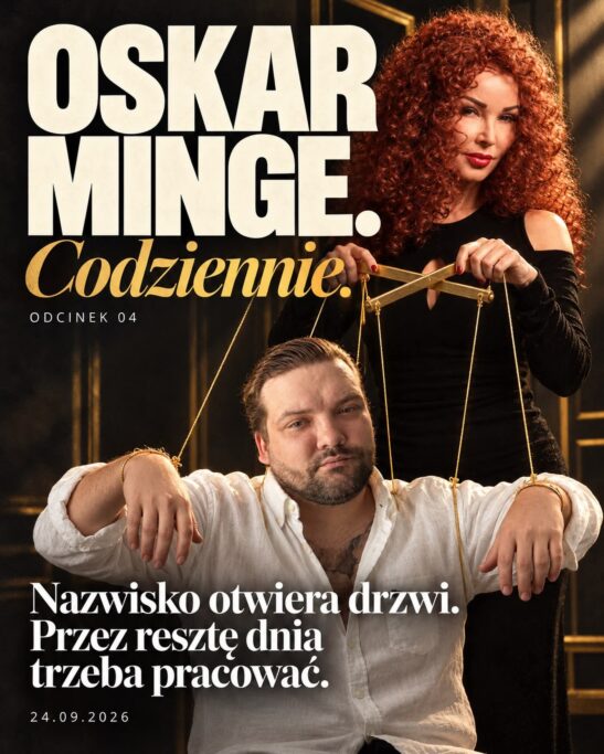 Ewa Minge i Oskar Minge w metaforycznej scenie z marionetką — okładka felietonu o nazwisku i pracy