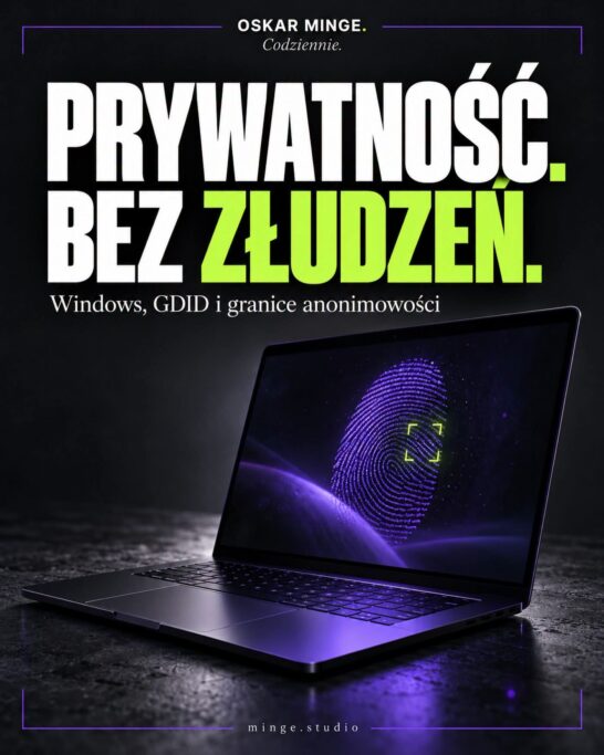 Okładka artykułu „Prywatność. Bez złudzeń”: laptop z fioletowym odciskiem palca na ekranie.