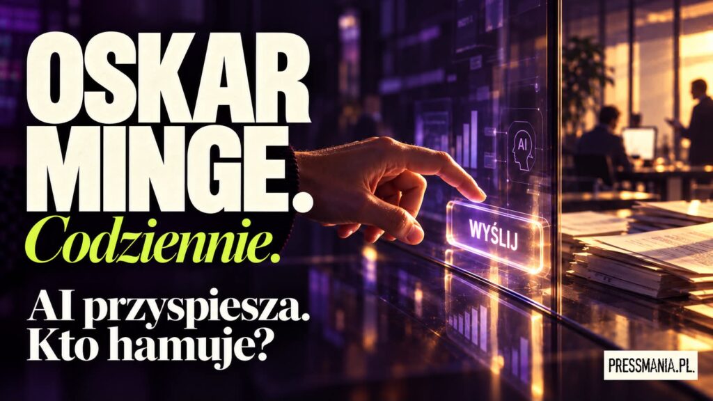 Okładka felietonu „AI przyspiesza. Kto hamuje?”: dłoń sięga do podświetlonego przycisku „Wyślij”.