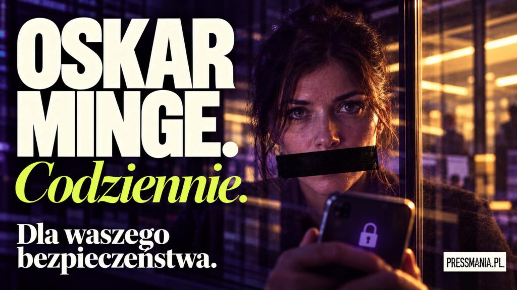 Okładka felietonu „Dla waszego bezpieczeństwa”: osoba z zaklejonymi ustami trzyma telefon z symbolem kłódki.